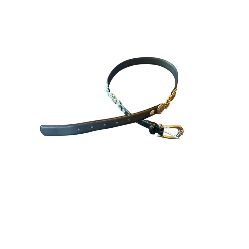 Fossil Black Leather Western Belt With Decorative Silver‎ Accents & Buckle